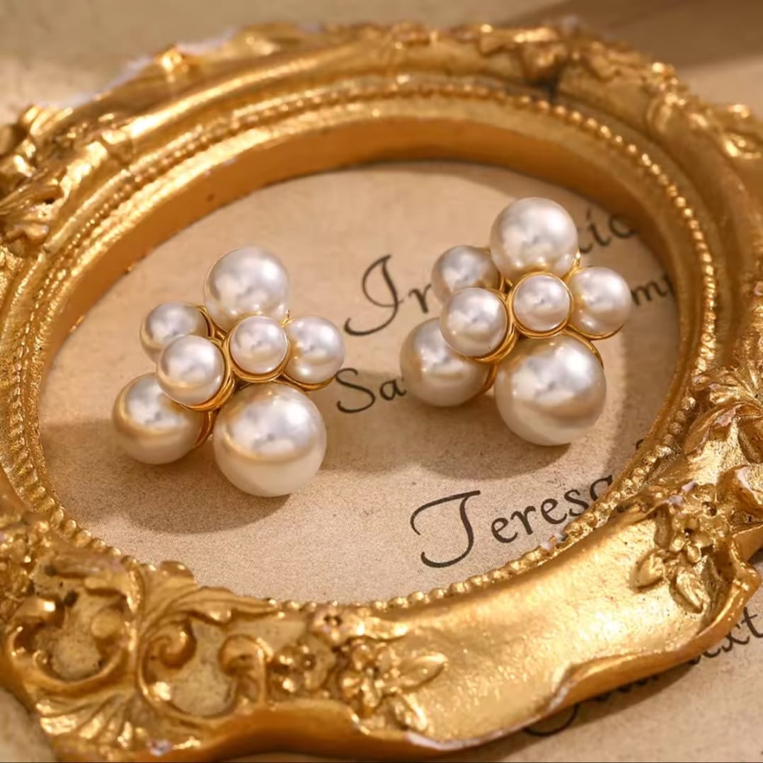 Grelisse™ Stainless Steel Pearl Flower Statement Stud Earrings