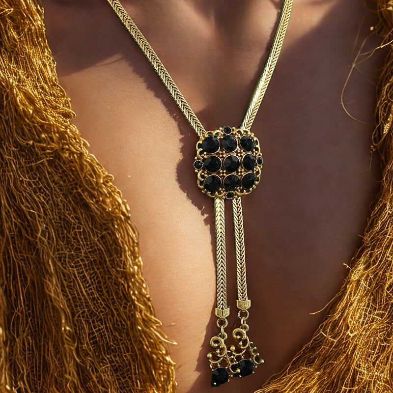 Helstara™ Vintage Black Rhinestone Tassel Choker Necklace