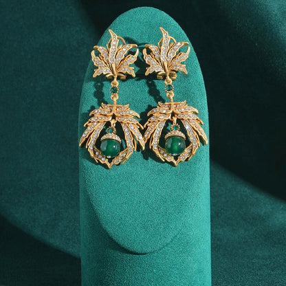 Helissia™ Vintage Leaf & Green Stone Drop Earrings