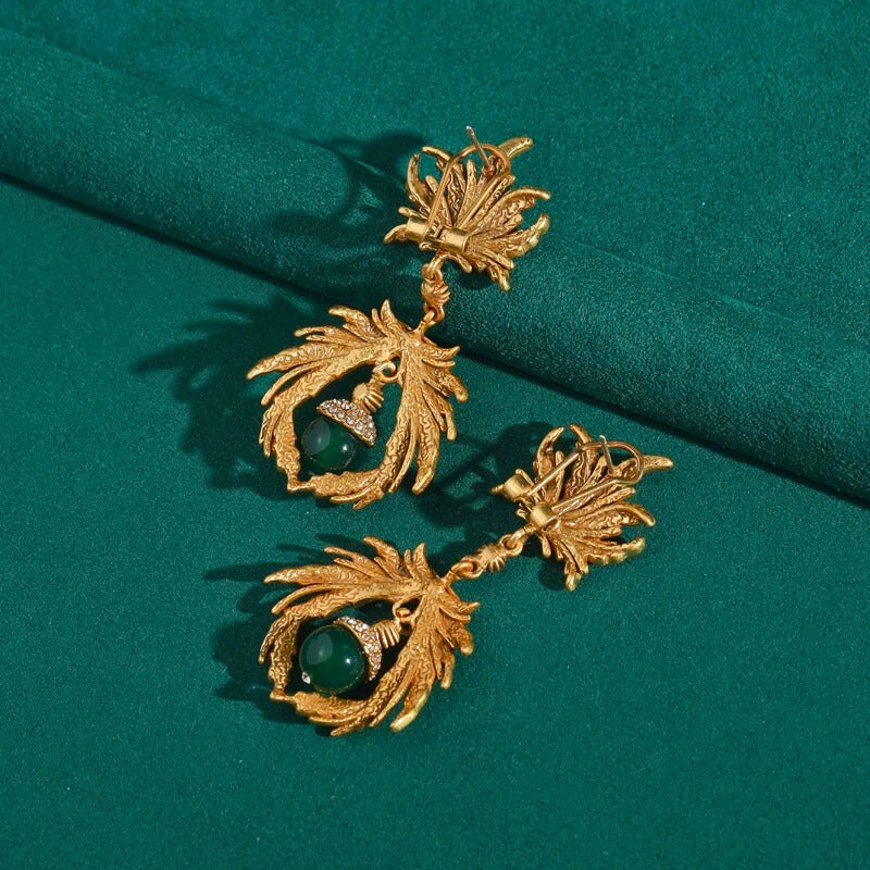 Helissia™ Vintage Leaf & Green Stone Drop Earrings