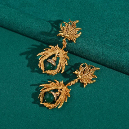 Helissia™ Vintage Leaf & Green Stone Drop Earrings
