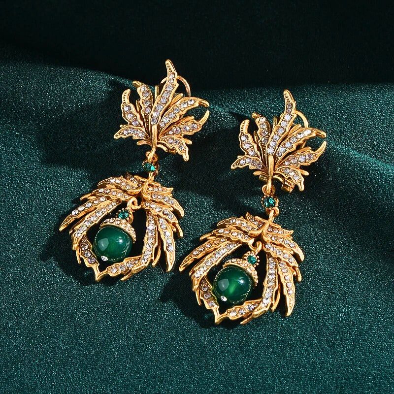 Helissia™ Vintage Leaf & Green Stone Drop Earrings