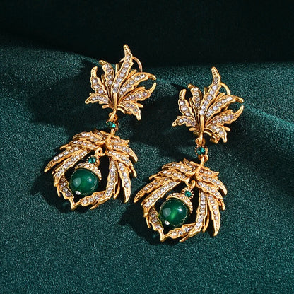 Helissia™ Vintage Leaf & Green Stone Drop Earrings
