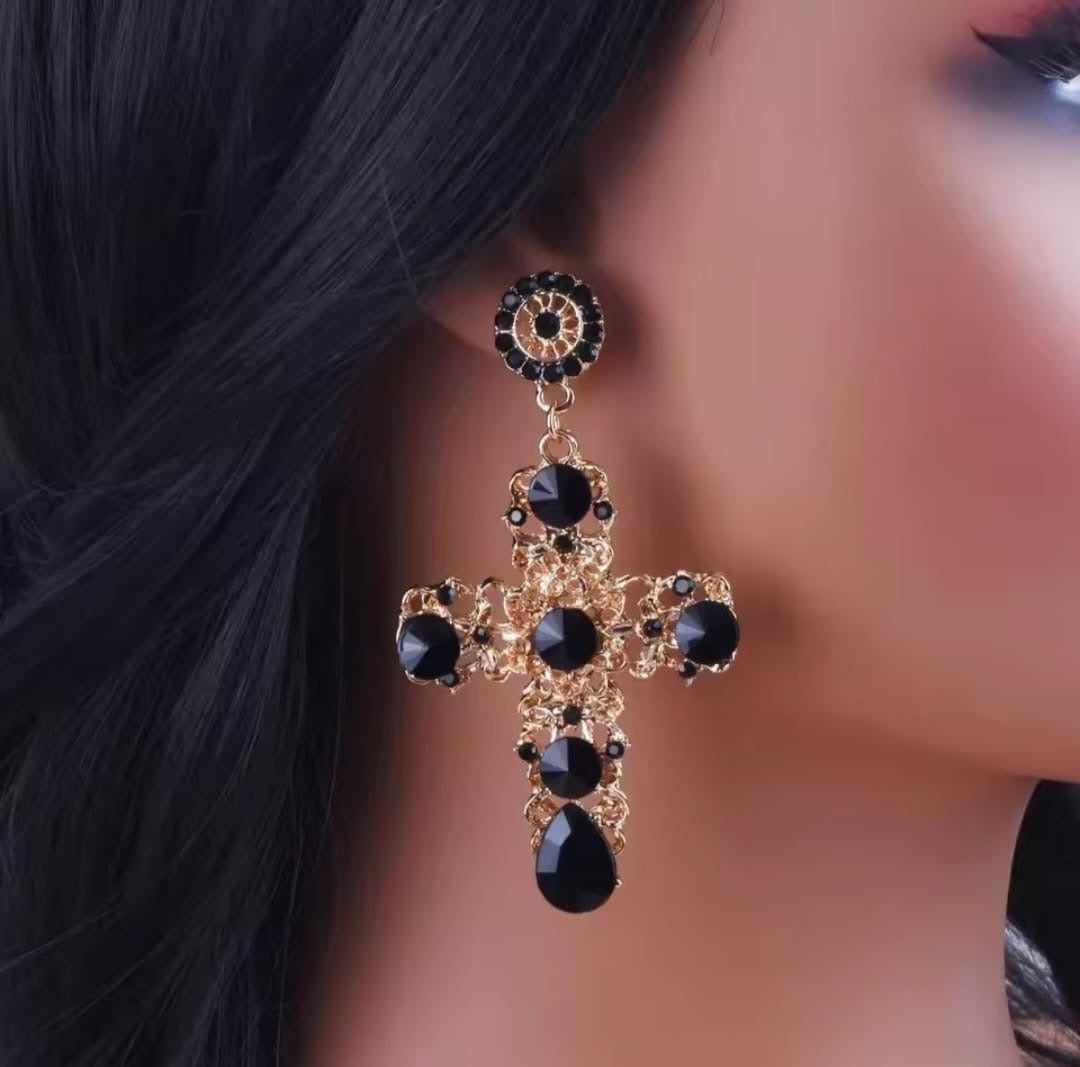 Crystelle™ Retro Royal Black Crystal Cross Drop Earrings