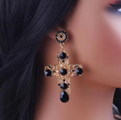Crystelle™ Retro Royal Black Crystal Cross Drop Earrings