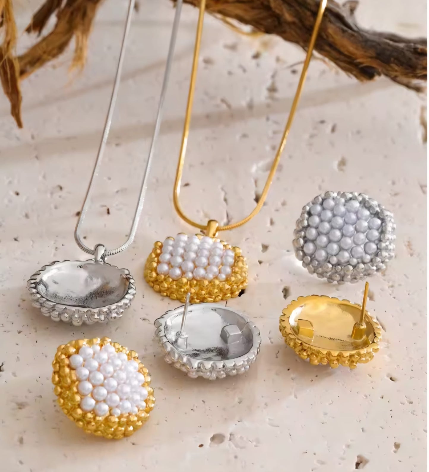 Avelisse™ Geometric Pearl Pendant Jewelry Set – PVD Stainless Steel Elegance