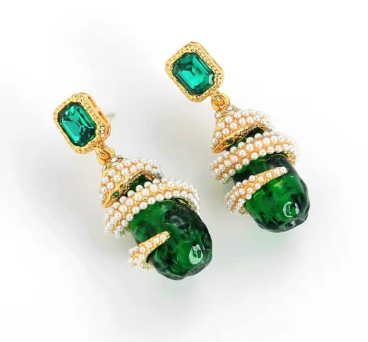 Beleria™ Vintage Green Crystal Snake Pearl Drop Earrings