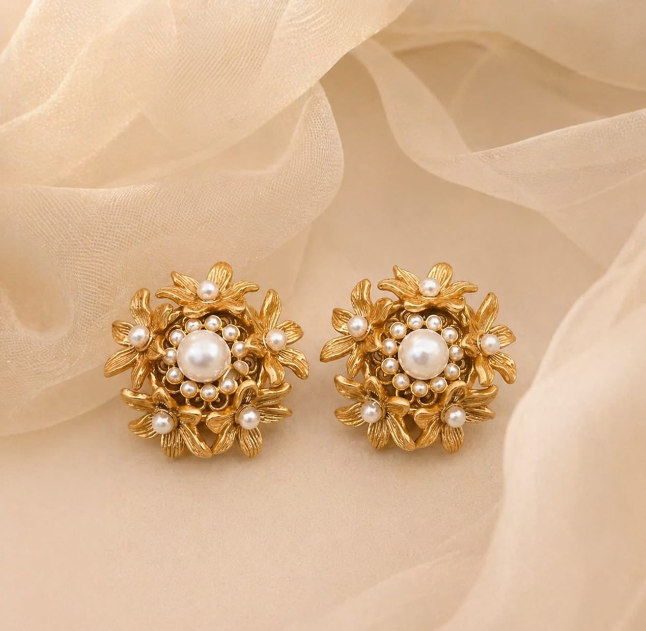 Bylora™ Vintage Pearl Hollow Flower Clip Earrings – Elegant Statement Jewelry