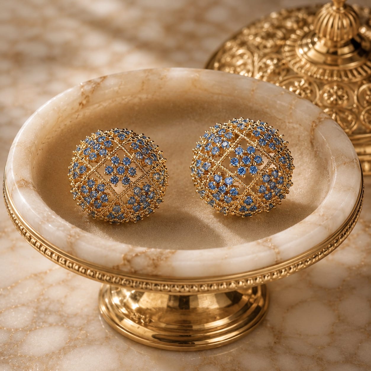 Celoria™ Blue CZ Hollow Sphere Stud Earrings – Vintage Gold Statement Jewelry