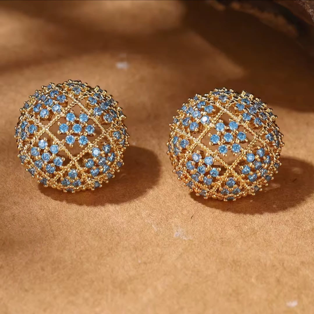 Celoria™ Blue CZ Hollow Sphere Stud Earrings – Vintage Gold Statement Jewelry