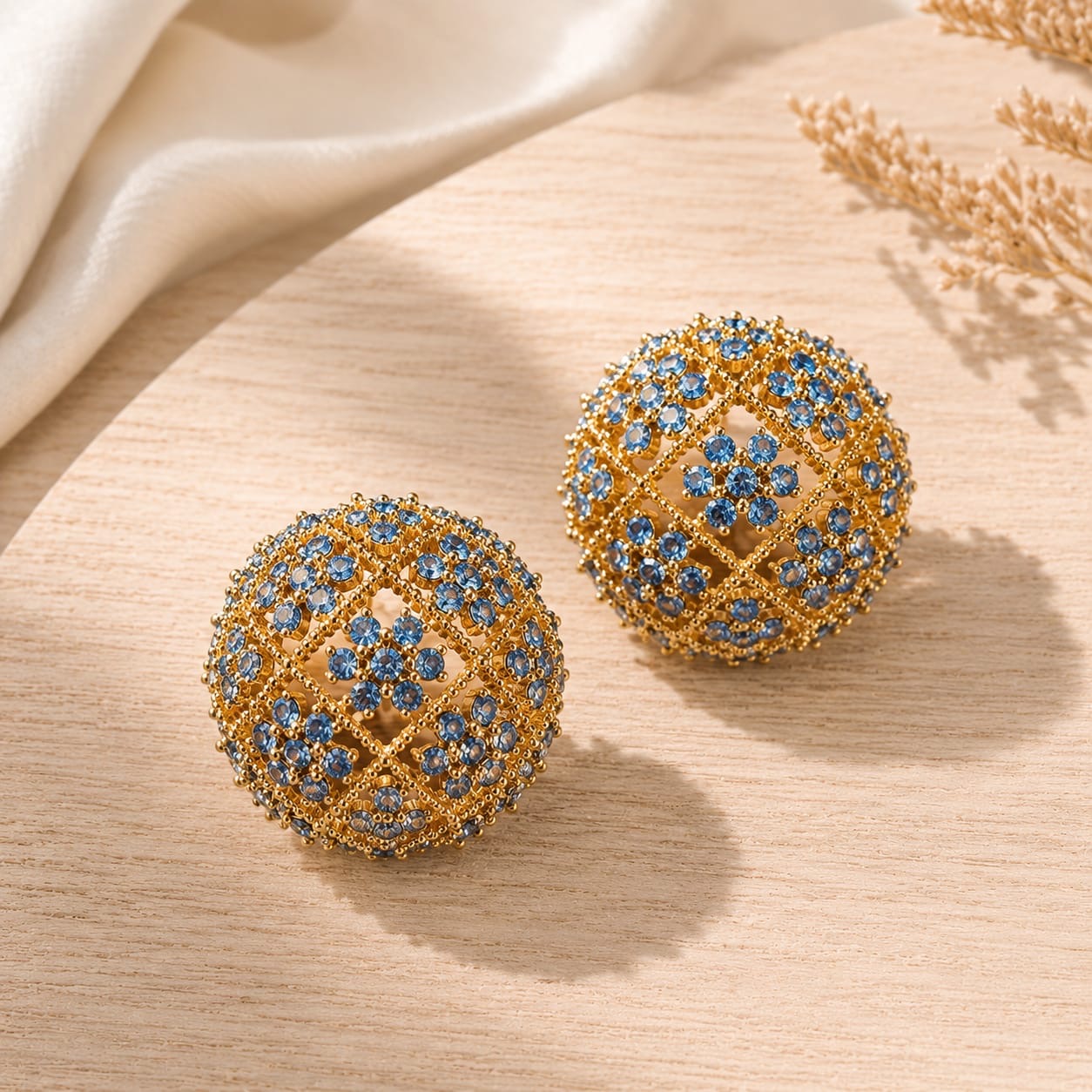 Celoria™ Blue CZ Hollow Sphere Stud Earrings – Vintage Gold Statement Jewelry
