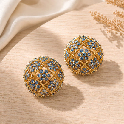 Celoria™ Blue CZ Hollow Sphere Stud Earrings – Vintage Gold Statement Jewelry