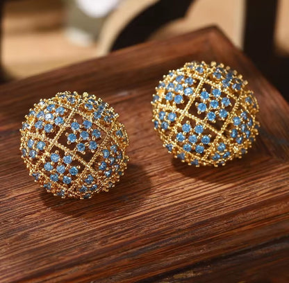 Celoria™ Blue CZ Hollow Sphere Stud Earrings – Vintage Gold Statement Jewelry