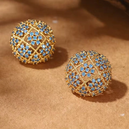 Celoria™ Blue CZ Hollow Sphere Stud Earrings – Vintage Gold Statement Jewelry