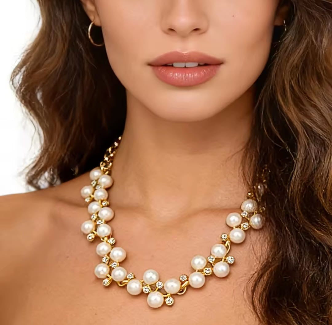 Crystalina™ Romantic Pearl & Crystal Cluster Gold Necklace