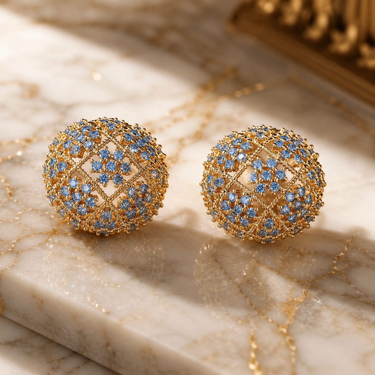 Celoria™ Blue CZ Hollow Sphere Stud Earrings – Vintage Gold Statement Jewelry