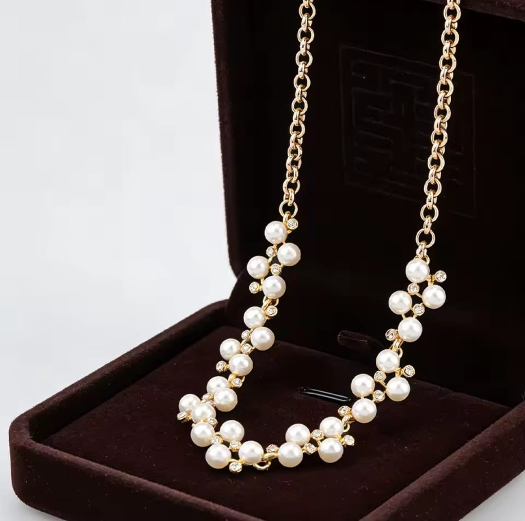 Crystalina™ Romantic Pearl & Crystal Cluster Gold Necklace