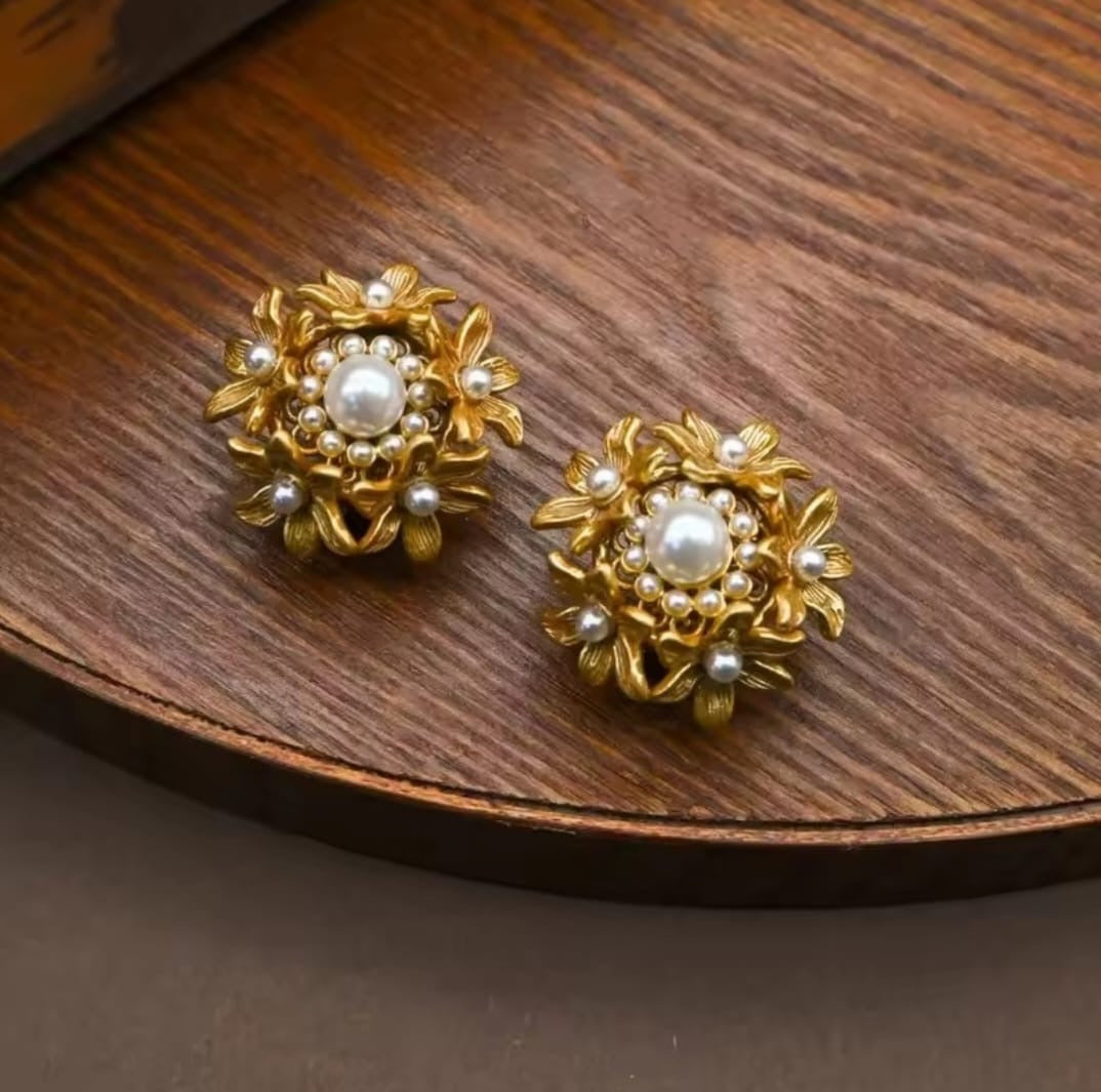 Bylora™ Vintage Pearl Hollow Flower Clip Earrings – Elegant Statement Jewelry