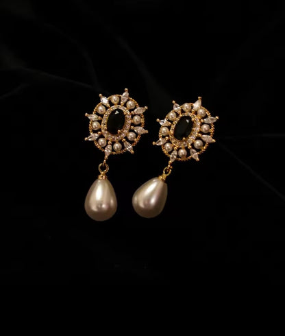 Luxoria™ Vintage Black Gemstone Pearl Teardrop Earrings