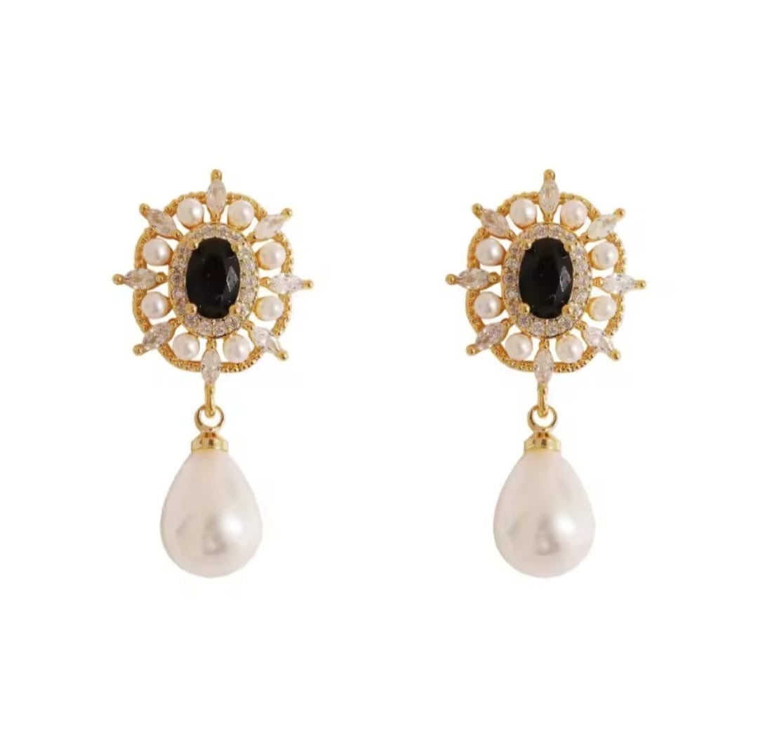 Luxoria™ Vintage Black Gemstone Pearl Teardrop Earrings