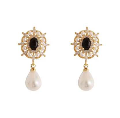 Luxoria™ Vintage Black Gemstone Pearl Teardrop Earrings