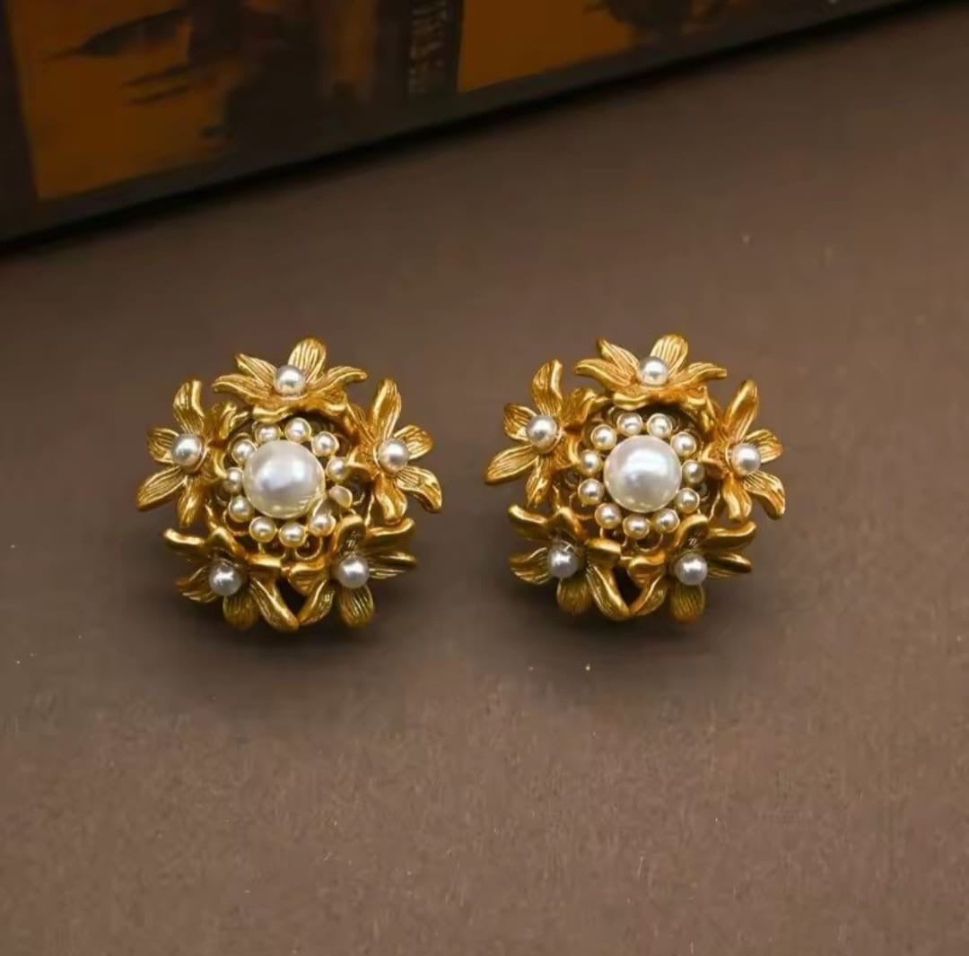 Bylora™ Vintage Pearl Hollow Flower Clip Earrings – Elegant Statement Jewelry