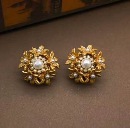 Bylora™ Vintage Pearl Hollow Flower Clip Earrings – Elegant Statement Jewelry