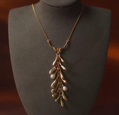 Aliona™ Industrial Minimalist Pearl Leaf Pendant Necklace