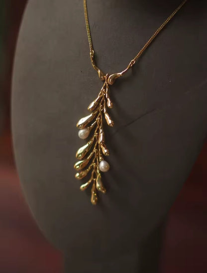 Aliona™ Industrial Minimalist Pearl Leaf Pendant Necklace