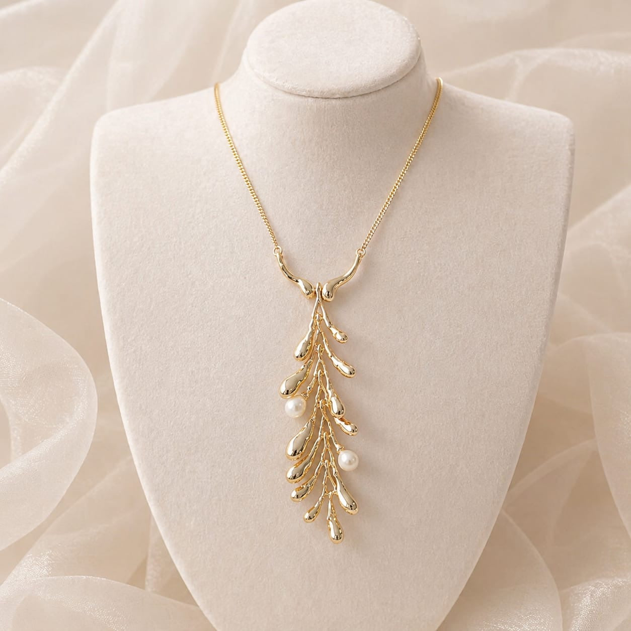 Aliona™ Industrial Minimalist Pearl Leaf Pendant Necklace