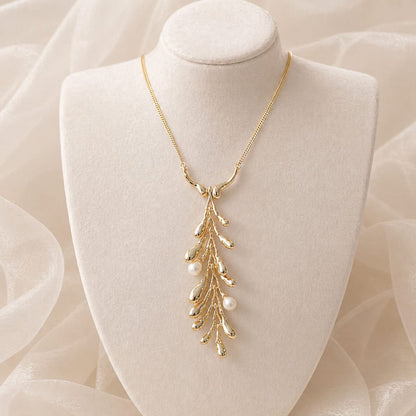 Aliona™ Industrial Minimalist Pearl Leaf Pendant Necklace