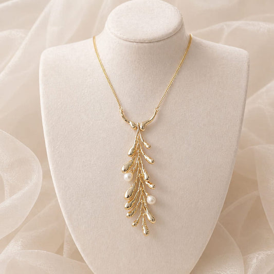 Aliona™ Industrial Minimalist Pearl Leaf Pendant Necklace