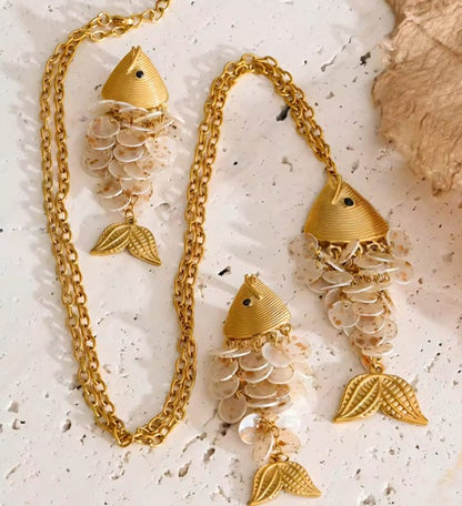 Fiorina™ Ocean Resin Fish Jewelry Set – Handmade Gold Stainless Steel Necklace & Earrings