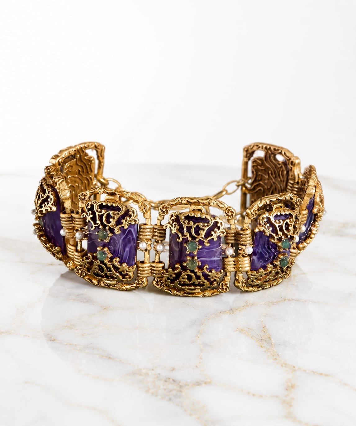 Theodora™ Vintage Purple Square Charm Bracelet – Antique Gold Retro Luxury Jewelry