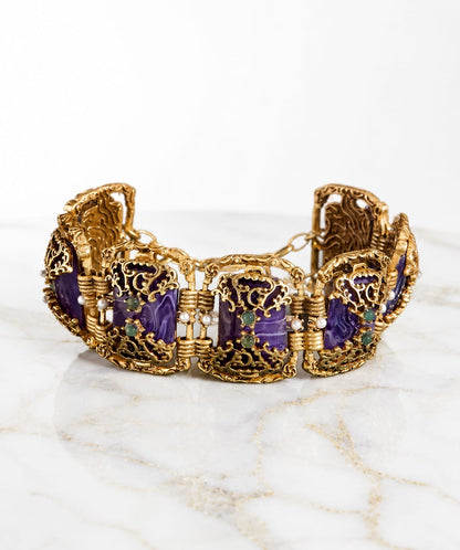 Theodora™ Vintage Purple Square Charm Bracelet – Antique Gold Retro Luxury Jewelry