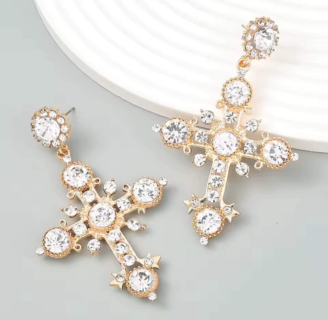 Damaris™ Retro Royal Silver Crystal Cross Stud Earrings