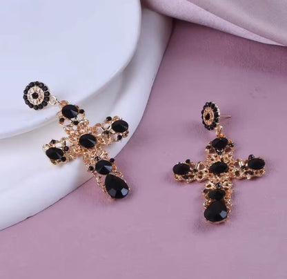 Crystelle™ Retro Royal Black Crystal Cross Drop Earrings