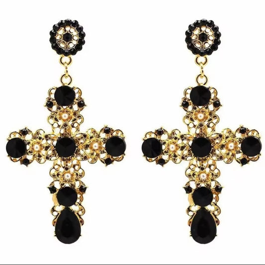 Crystelle™ Retro Royal Black Crystal Cross Drop Earrings