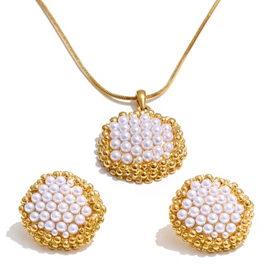 Avelisse™ Geometric Pearl Pendant Jewelry Set – PVD Stainless Steel Elegance