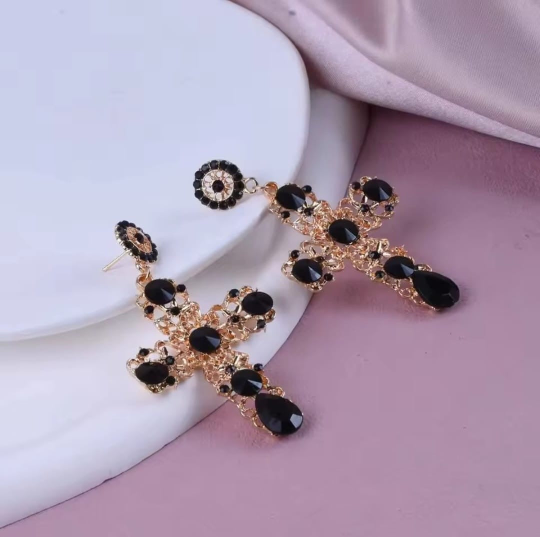 Crystelle™ Retro Royal Black Crystal Cross Drop Earrings