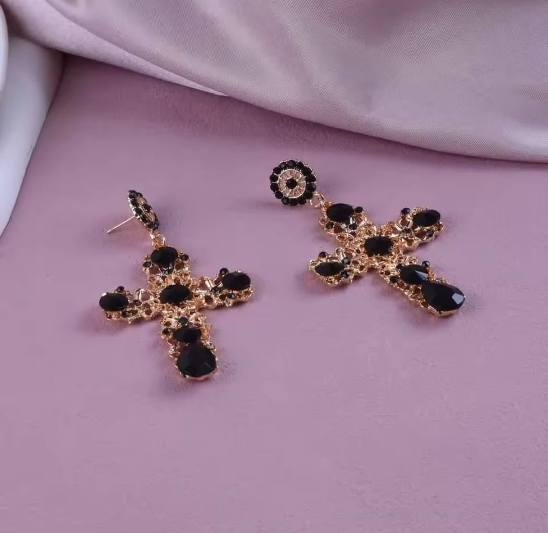Crystelle™ Retro Royal Black Crystal Cross Drop Earrings