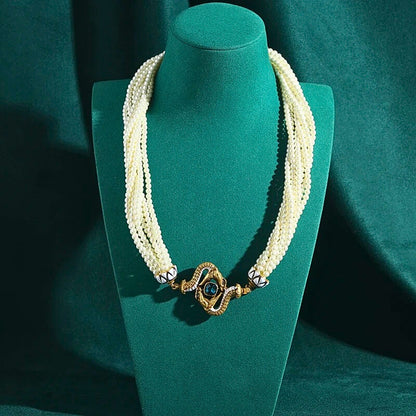 Lunavine™ Antique Gold Snake Pendant Pearl Necklace