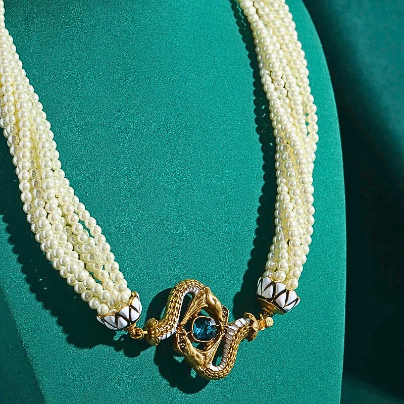 Lunavine™ Antique Gold Snake Pendant Pearl Necklace