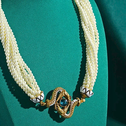 Lunavine™ Antique Gold Snake Pendant Pearl Necklace