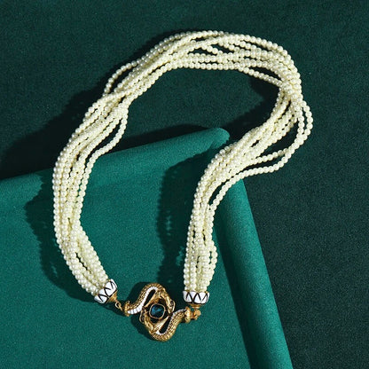 Lunavine™ Antique Gold Snake Pendant Pearl Necklace