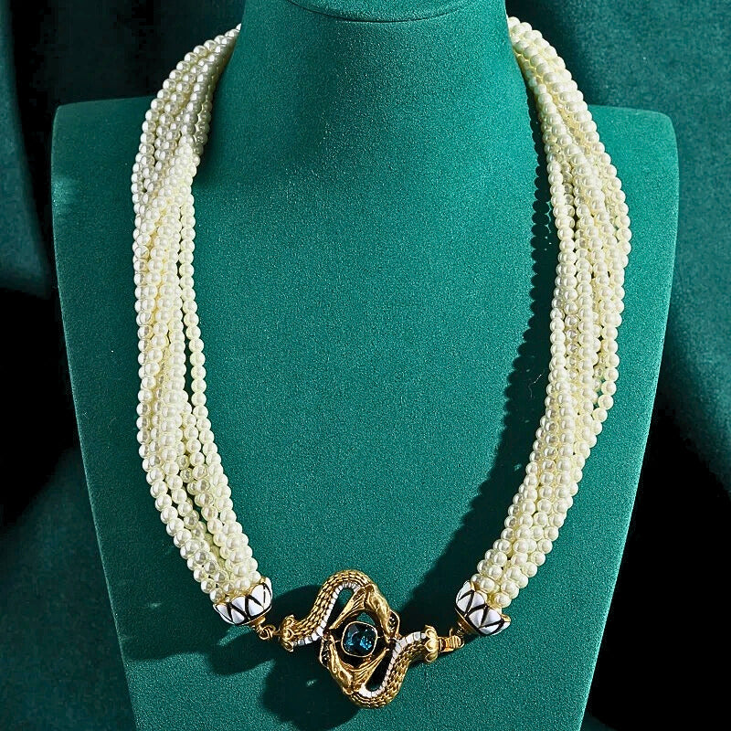 Lunavine™ Antique Gold Snake Pendant Pearl Necklace