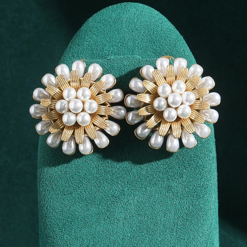 Helia™ Luxury Gold Pearl Flower Statement Earrings