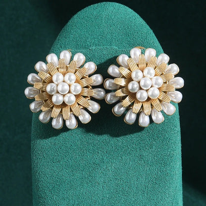 Helia™ Luxury Gold Pearl Flower Statement Earrings