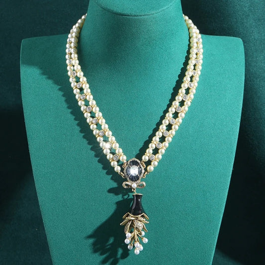 Fernanda™ Vintage Pearl Flower Black Crystal Necklace