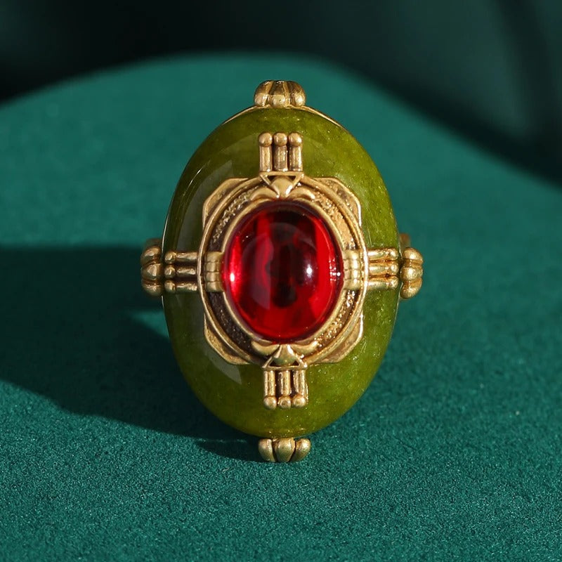 Amélisse™ Vintage Green Enamel Red Oval Glass Ring